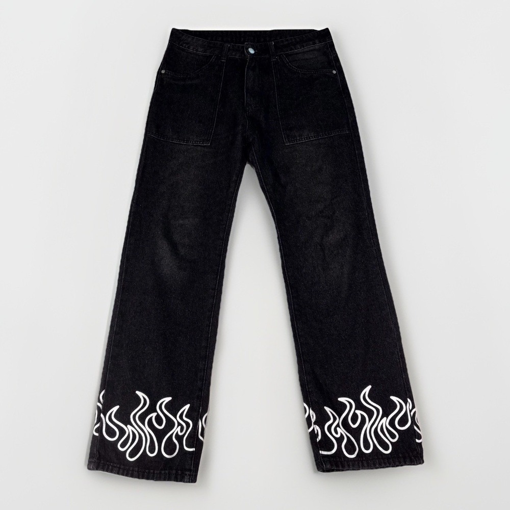 Flame Graphic Jeans Mens Small Black Straight Leg Streetwear Skate Y2K Festival‎
